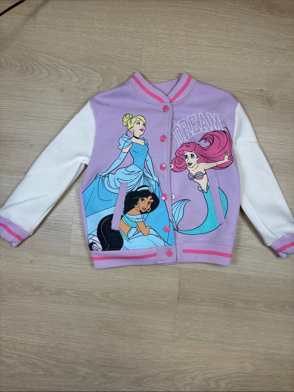 Disney Princess Bomber Jacket DREAM BIG Ariel Jasmine Cinderella Snap Closure